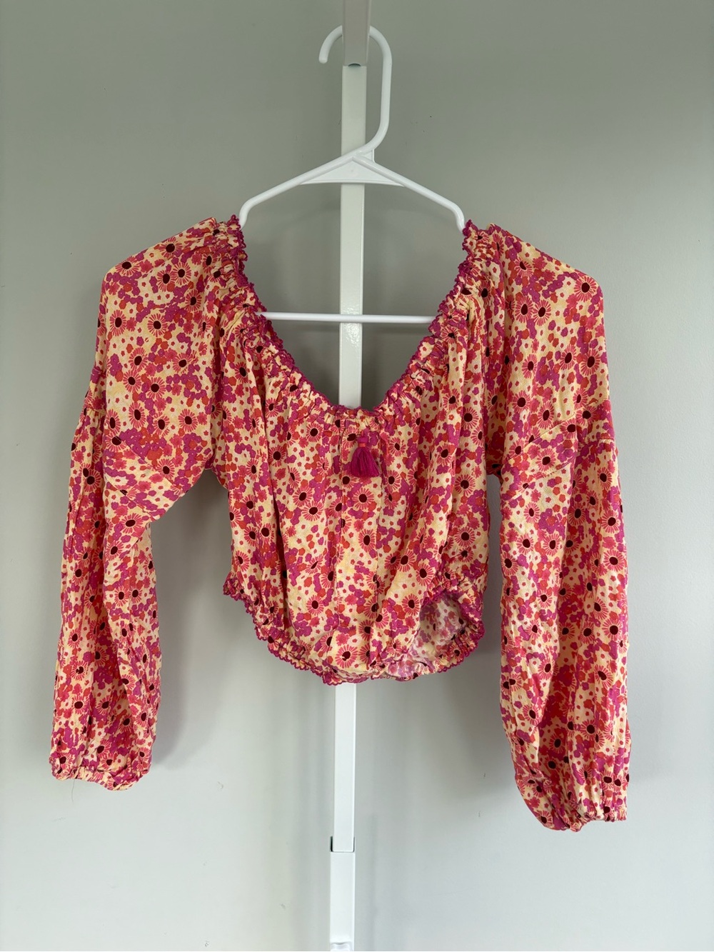 Poupette St Barth Floral Pink Cream Peasant Crop Top Long Sleeve Size M